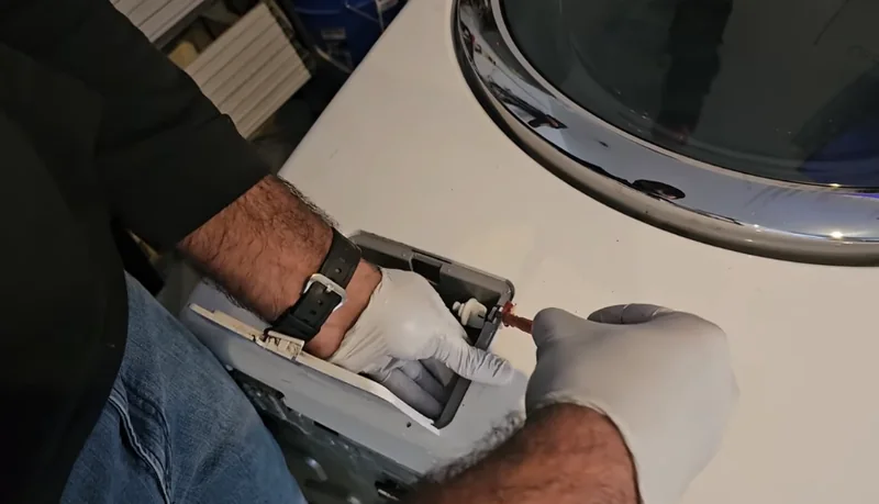 Appliance technician repairing a front-load washing machine in a Spartanburg County laundry room